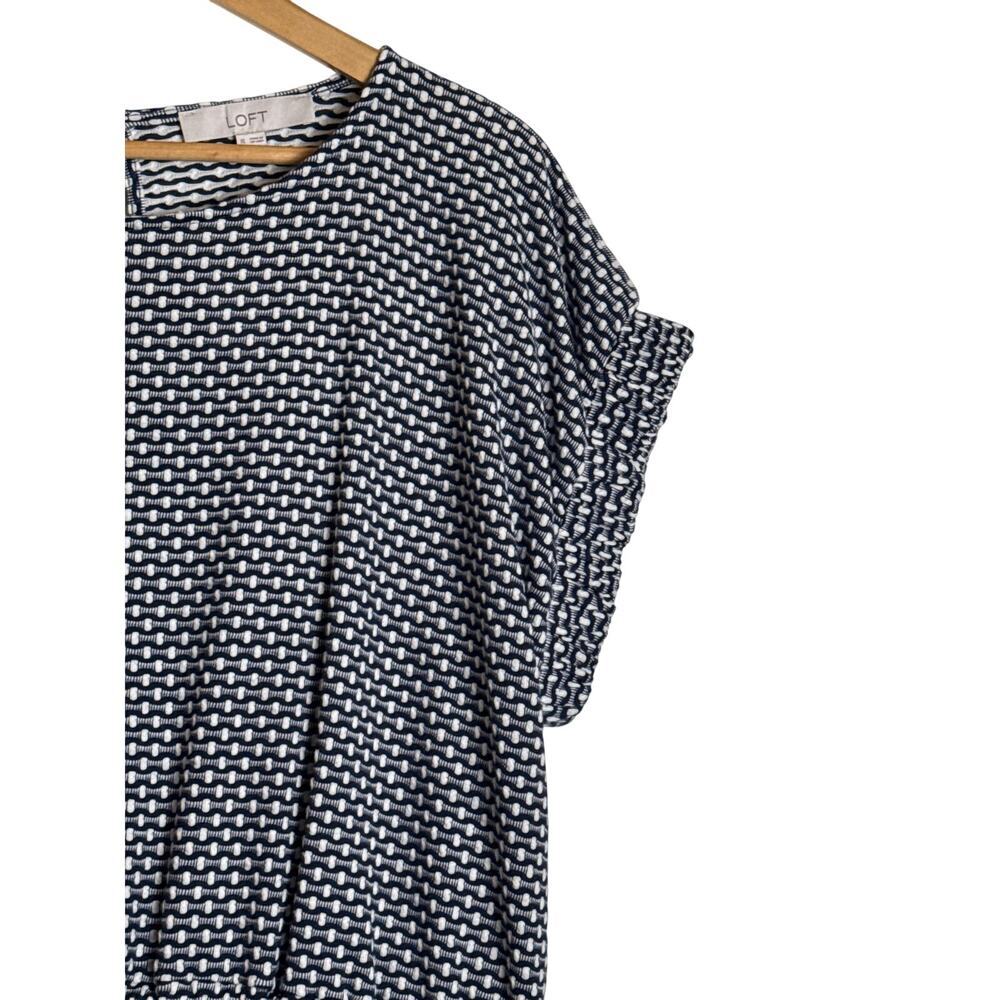 LOFT Navy & White Textured Stripe Blouson Dress XL Elastic Waist Short Sleeve - Picture 3 of 9